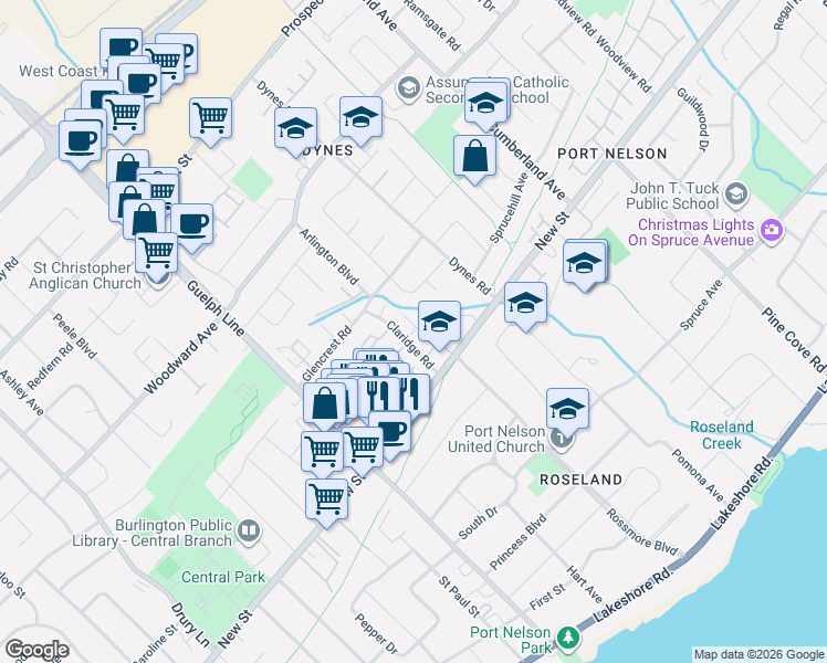 map of restaurants, bars, coffee shops, grocery stores, and more near 469 Claridge Road in Burlington