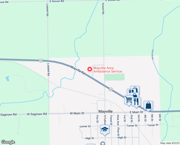 map of restaurants, bars, coffee shops, grocery stores, and more near 5802 Lynch Drive in Mayville