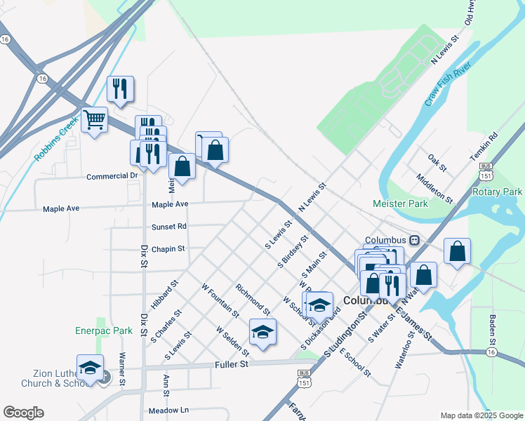 map of restaurants, bars, coffee shops, grocery stores, and more near 711 West James Street in Columbus