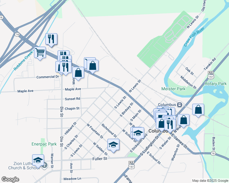 map of restaurants, bars, coffee shops, grocery stores, and more near 711 West James Street in Columbus