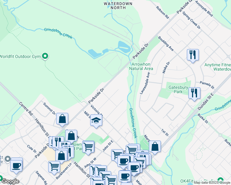 map of restaurants, bars, coffee shops, grocery stores, and more near 130 Wellington Street in Hamilton