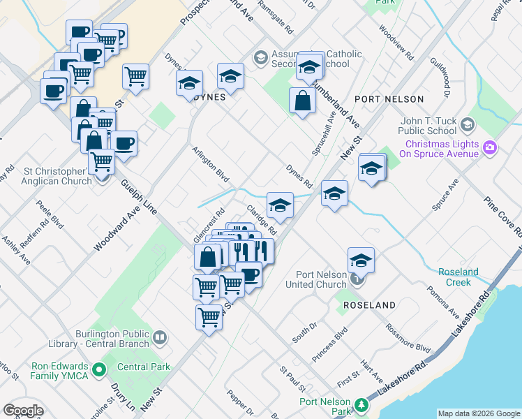 map of restaurants, bars, coffee shops, grocery stores, and more near 483 Claridge Road in Burlington