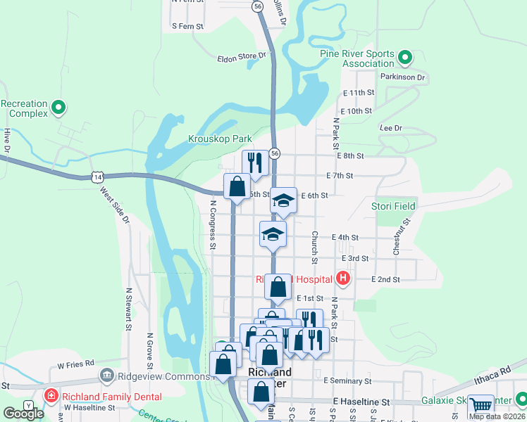 map of restaurants, bars, coffee shops, grocery stores, and more near 217 West 6th Street in Richland Center