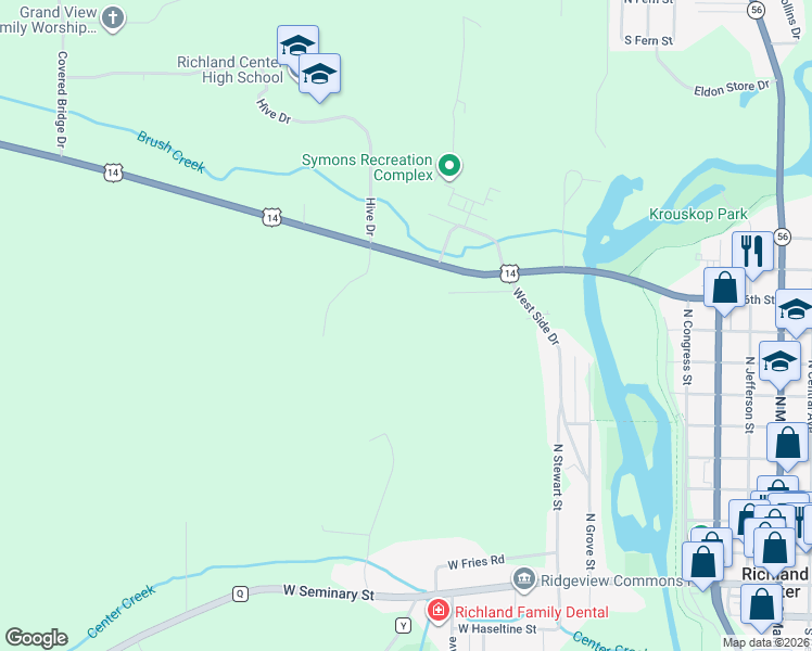 map of restaurants, bars, coffee shops, grocery stores, and more near 1275 U.S. 14 in Richland Center