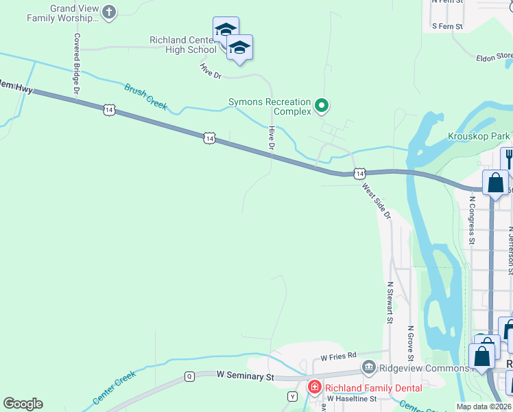 map of restaurants, bars, coffee shops, grocery stores, and more near 855 Panorama Court in Richland Center