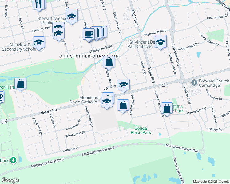 map of restaurants, bars, coffee shops, grocery stores, and more near 46 Lorraine Drive in Cambridge