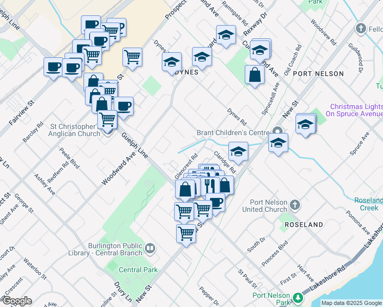 map of restaurants, bars, coffee shops, grocery stores, and more near 3055 Glencrest Road in Burlington