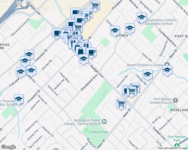 map of restaurants, bars, coffee shops, grocery stores, and more near 2445 Woodward Avenue in Burlington