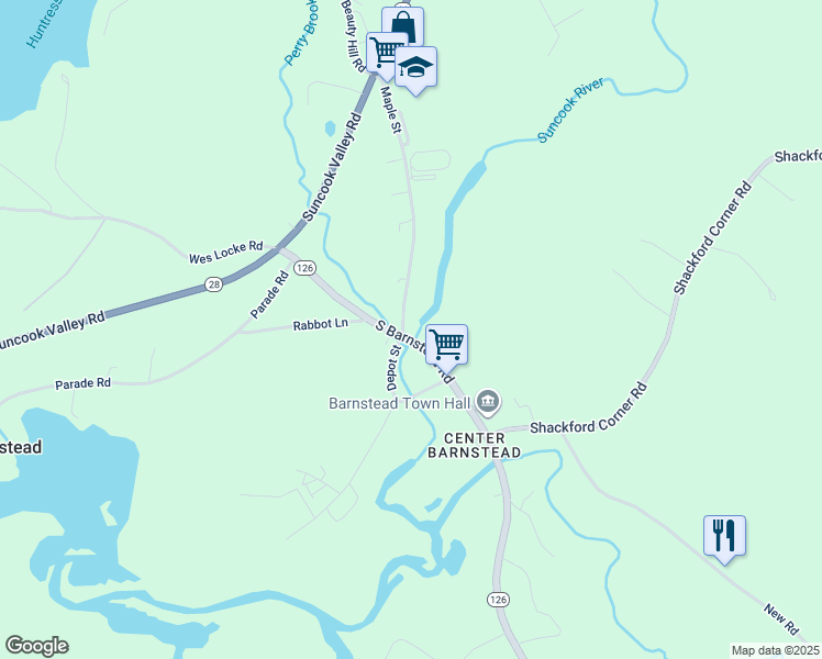 map of restaurants, bars, coffee shops, grocery stores, and more near 1 Maple Street in Barnstead