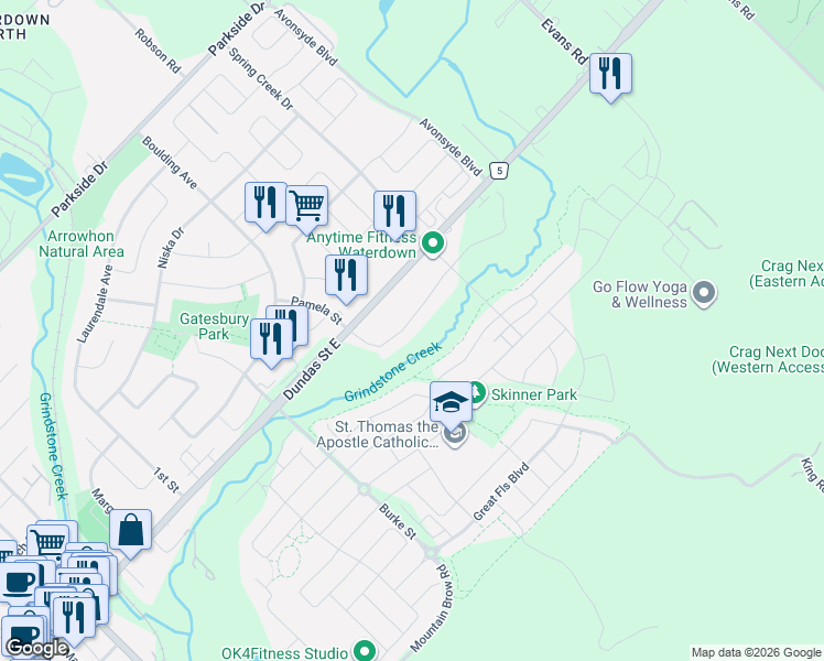 map of restaurants, bars, coffee shops, grocery stores, and more near 57 Riverwalk Drive in Hamilton