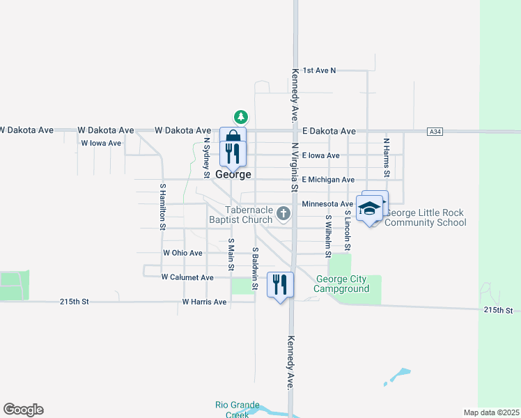 map of restaurants, bars, coffee shops, grocery stores, and more near 201 Minnesota Avenue in George