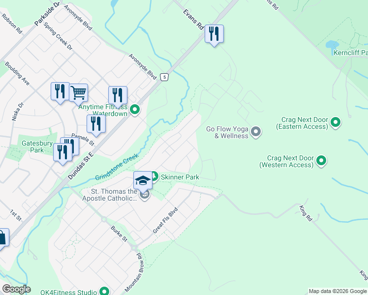 map of restaurants, bars, coffee shops, grocery stores, and more near Skinner Road in Hamilton