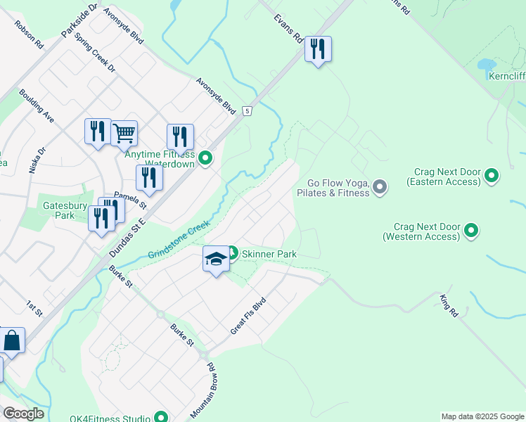 map of restaurants, bars, coffee shops, grocery stores, and more near 279 Skinner Road in Hamilton