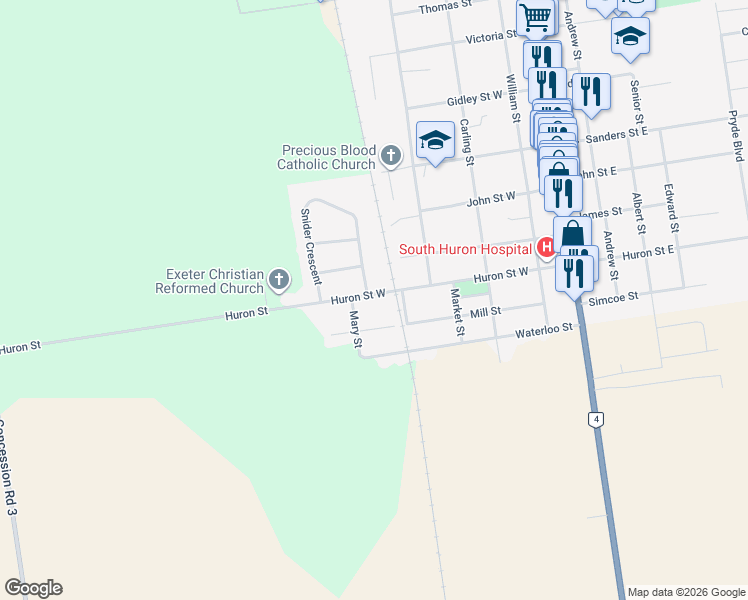 map of restaurants, bars, coffee shops, grocery stores, and more near 237 Huron Street West in Exeter