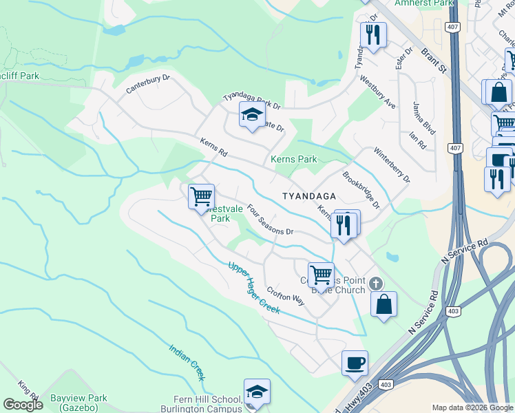 map of restaurants, bars, coffee shops, grocery stores, and more near 1933 Four Seasons Drive in Burlington