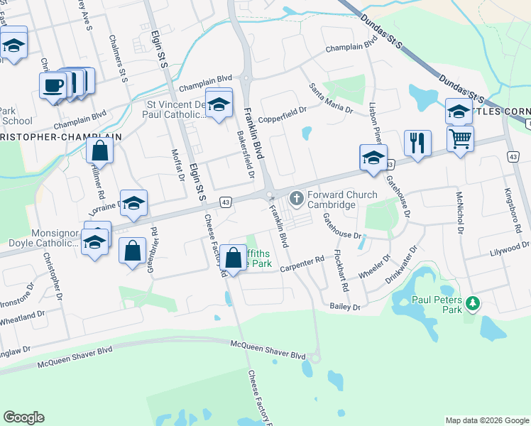 map of restaurants, bars, coffee shops, grocery stores, and more near 119 Bloomington Drive in Cambridge