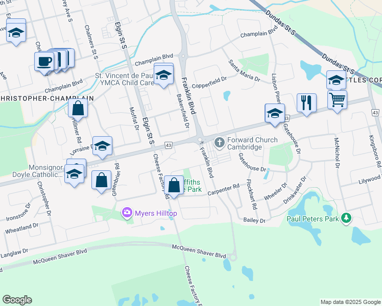 map of restaurants, bars, coffee shops, grocery stores, and more near 405 Myers Road in Cambridge