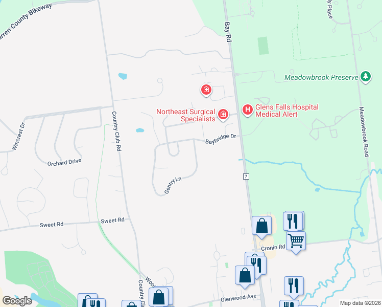 map of restaurants, bars, coffee shops, grocery stores, and more near 13 Gentry Lane in Queensbury