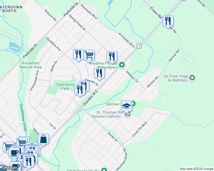 map of restaurants, bars, coffee shops, grocery stores, and more near in Waterdown