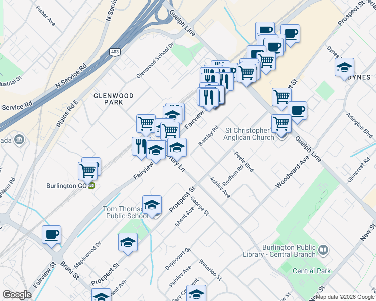 map of restaurants, bars, coffee shops, grocery stores, and more near 2305 Barclay Road in Burlington