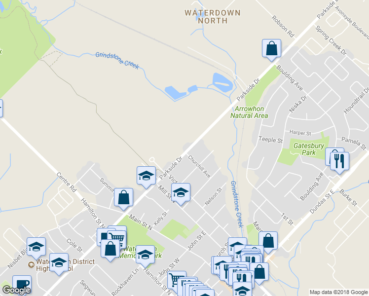 map of restaurants, bars, coffee shops, grocery stores, and more near 353 Parkside Drive in Hamilton