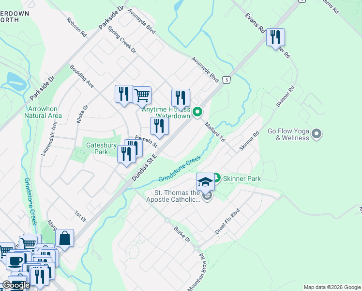 map of restaurants, bars, coffee shops, grocery stores, and more near in Waterdown