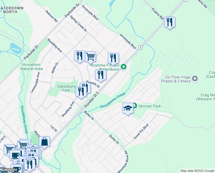 map of restaurants, bars, coffee shops, grocery stores, and more near 447 Dundas Street East in Hamilton