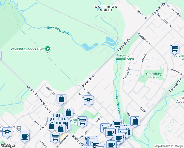 map of restaurants, bars, coffee shops, grocery stores, and more near 353 Parkside Drive in Hamilton