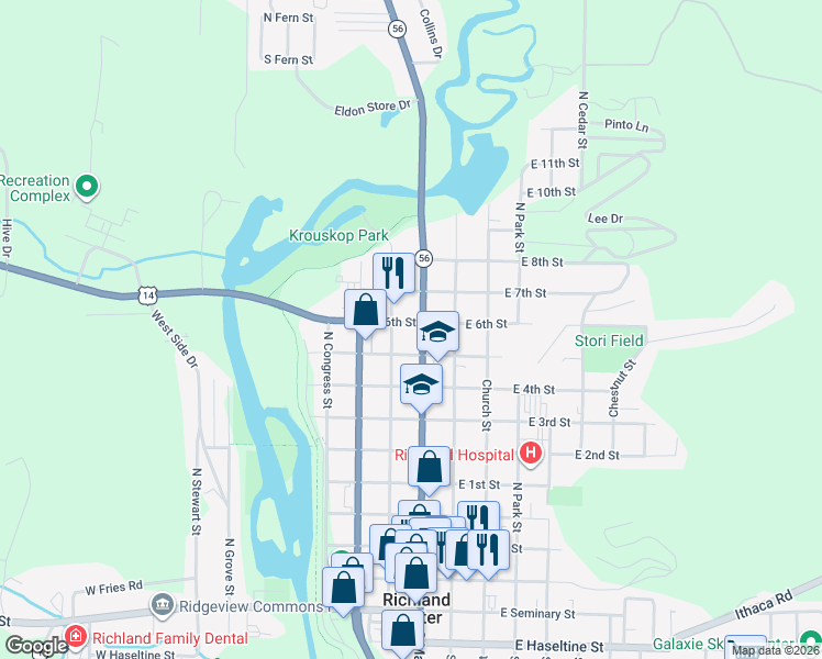 map of restaurants, bars, coffee shops, grocery stores, and more near 217 West 6th Street in Richland Center