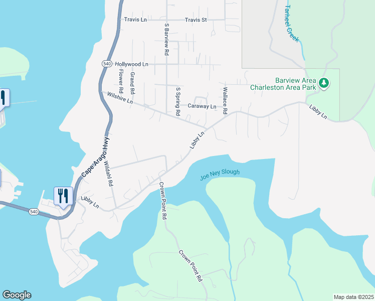 map of restaurants, bars, coffee shops, grocery stores, and more near 90901 Libby Lane in Coos Bay