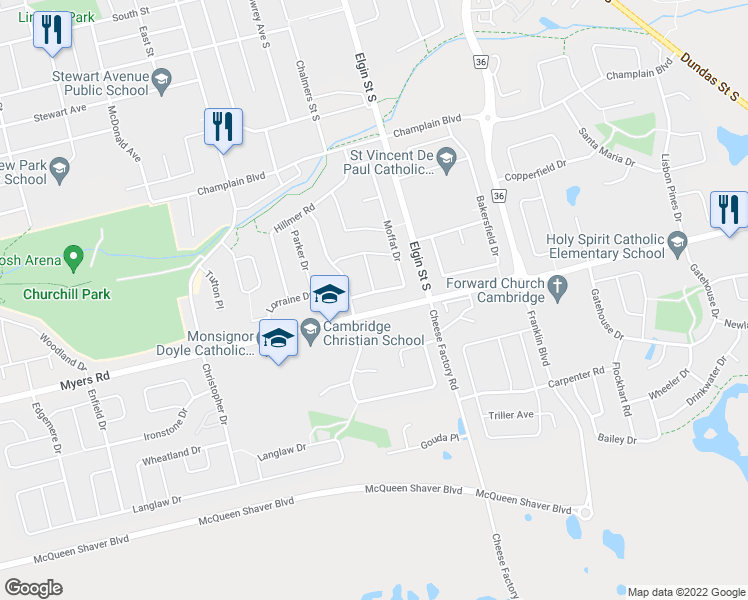 map of restaurants, bars, coffee shops, grocery stores, and more near 209 Moffat Drive in Cambridge
