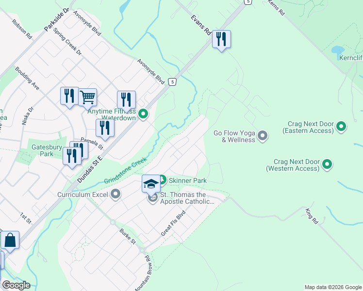 map of restaurants, bars, coffee shops, grocery stores, and more near in Waterdown