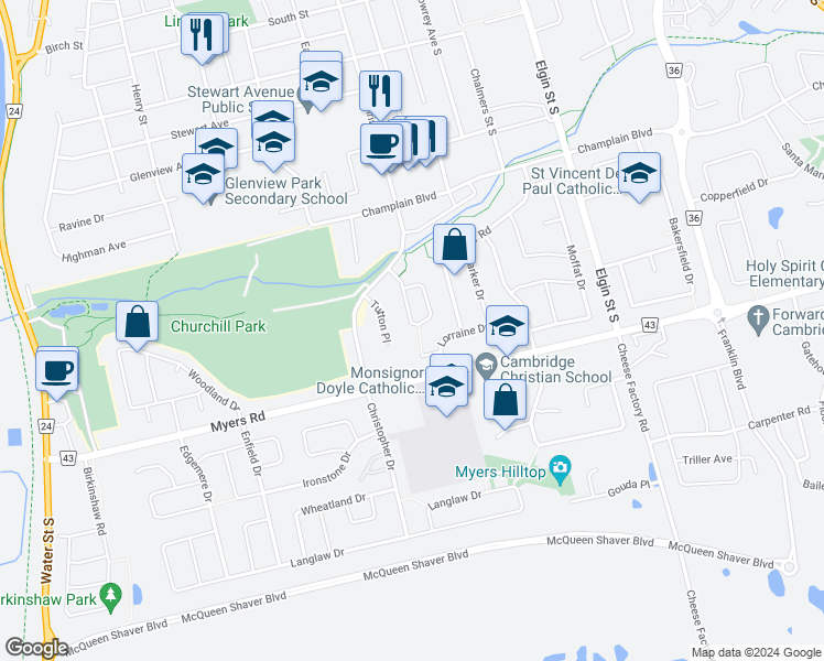 map of restaurants, bars, coffee shops, grocery stores, and more near 60 Castlewood Place in Cambridge