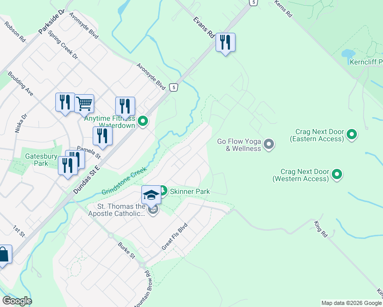 map of restaurants, bars, coffee shops, grocery stores, and more near Skinner Road in Hamilton