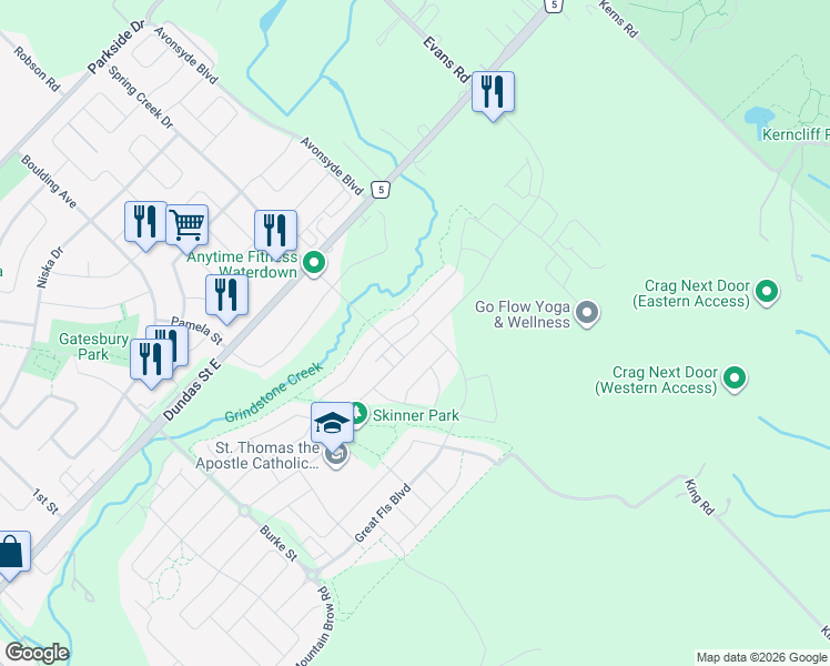 map of restaurants, bars, coffee shops, grocery stores, and more near in Waterdown