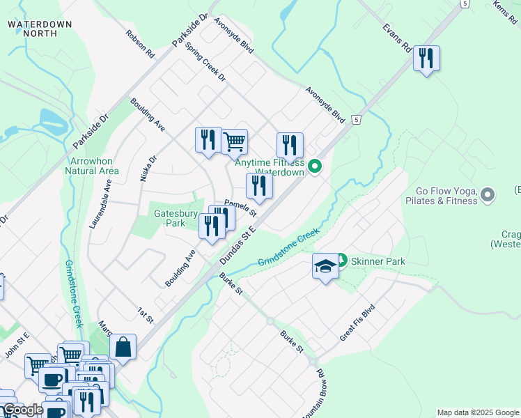 map of restaurants, bars, coffee shops, grocery stores, and more near 447 Dundas Street East in Hamilton