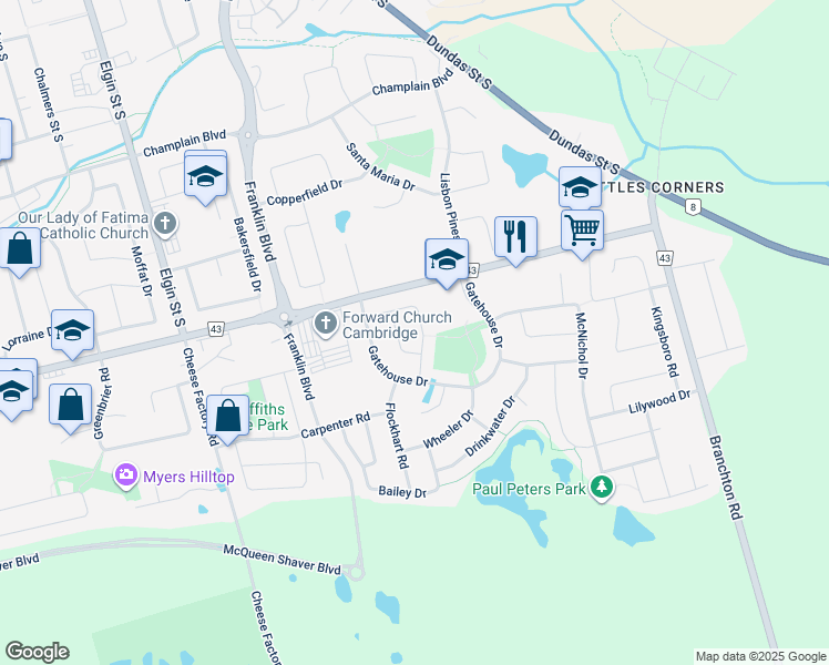 map of restaurants, bars, coffee shops, grocery stores, and more near 59 Hay Crescent in Cambridge