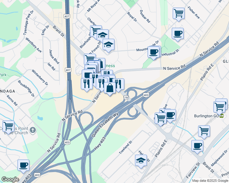map of restaurants, bars, coffee shops, grocery stores, and more near 1200 Brant Street in Burlington