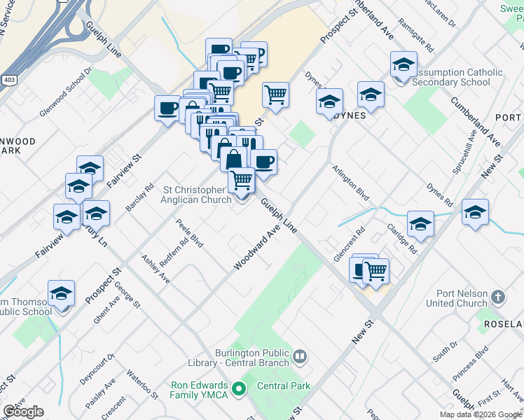 map of restaurants, bars, coffee shops, grocery stores, and more near 640 Guelph Line in Burlington
