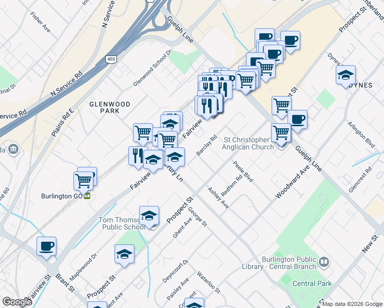 map of restaurants, bars, coffee shops, grocery stores, and more near 2305 Barclay Road in Burlington