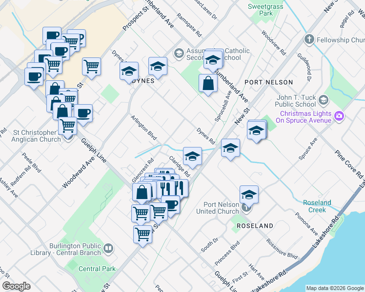 map of restaurants, bars, coffee shops, grocery stores, and more near 514 Rosedale Crescent in Burlington