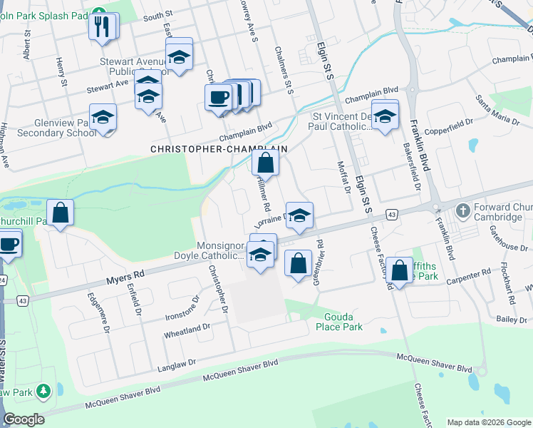 map of restaurants, bars, coffee shops, grocery stores, and more near 83 Lorraine Drive in Cambridge