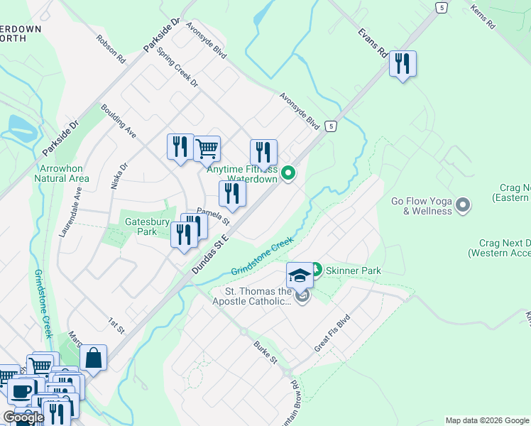 map of restaurants, bars, coffee shops, grocery stores, and more near in Waterdown