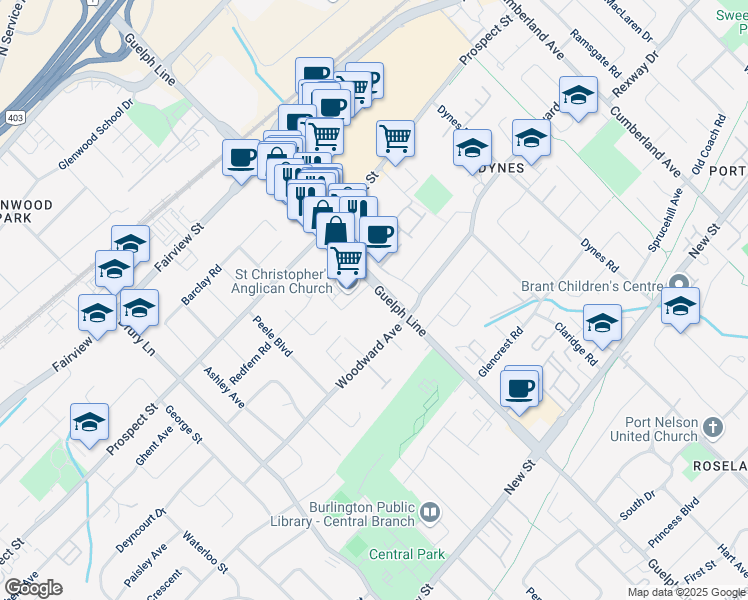 map of restaurants, bars, coffee shops, grocery stores, and more near 640 Guelph Line in Burlington