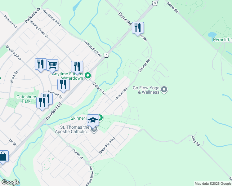 map of restaurants, bars, coffee shops, grocery stores, and more near 23 Ridgeside Lane in Hamilton