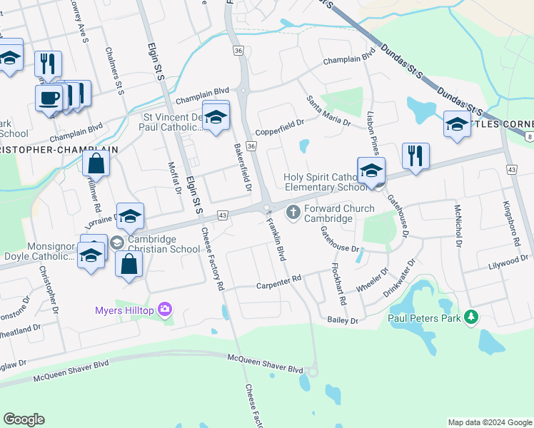 map of restaurants, bars, coffee shops, grocery stores, and more near 119 Bloomington Drive in Cambridge