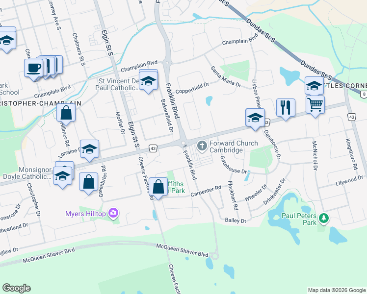 map of restaurants, bars, coffee shops, grocery stores, and more near 119 Bloomington Drive in Cambridge