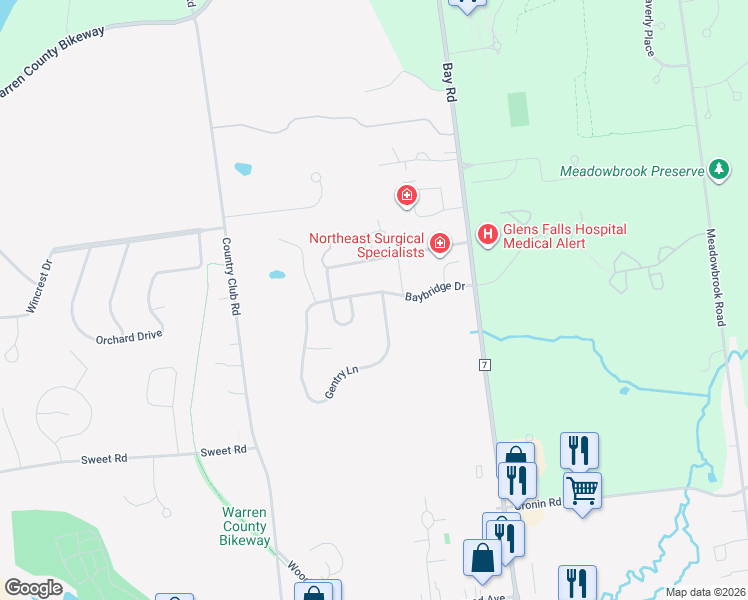 map of restaurants, bars, coffee shops, grocery stores, and more near 13 Gentry Lane in Queensbury