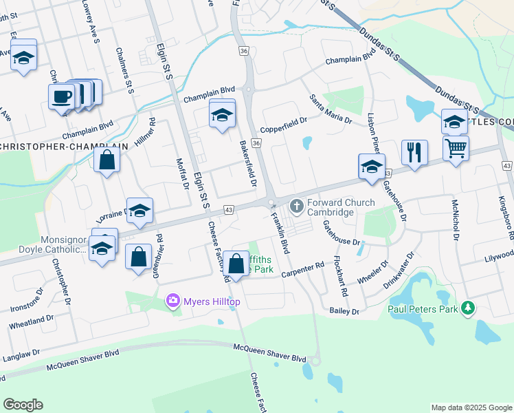 map of restaurants, bars, coffee shops, grocery stores, and more near 119 Bloomington Drive in Cambridge