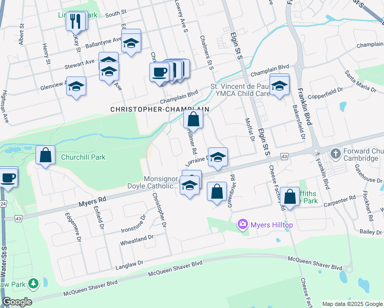 map of restaurants, bars, coffee shops, grocery stores, and more near 238 Hillmer Road in Cambridge